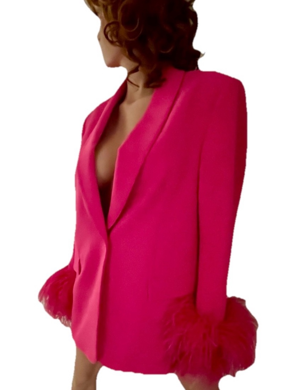 ZARA Straight Cut Hot PINK FEATHER BLAZER Jacket With Marabou Cuffs Size Large - Picture 2 of 13